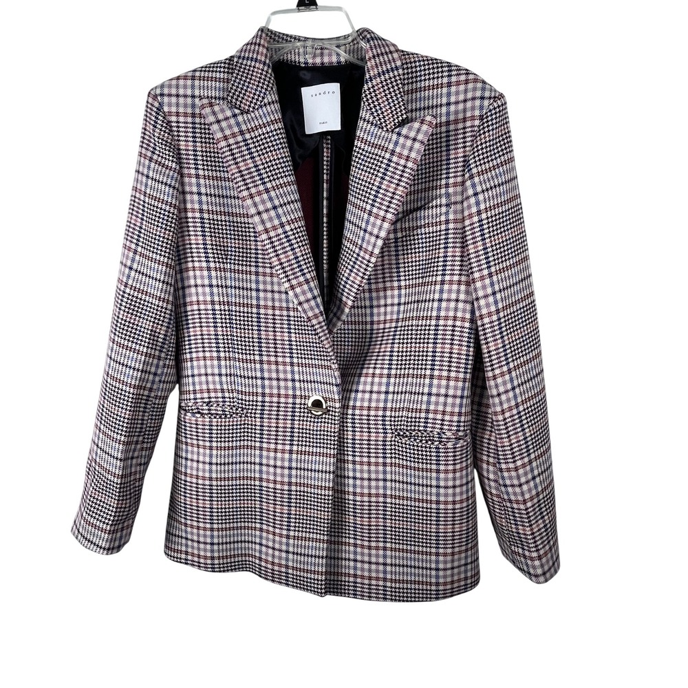 Sandro Paris Plaid Wool Blend Tailored Blazer Jacket Multi Color FR 38 US 6